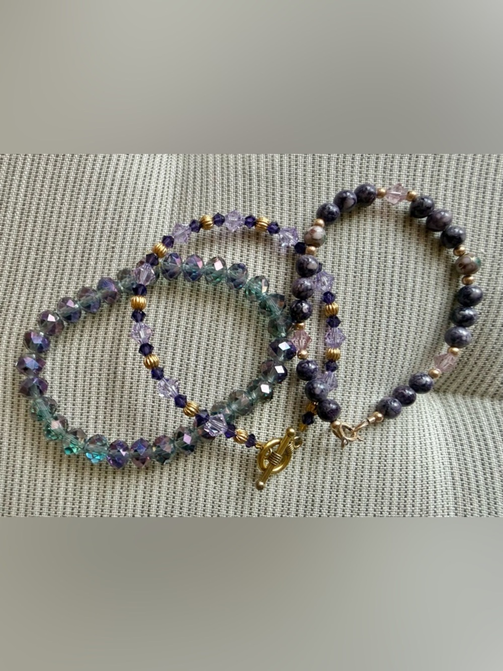 3 Bracelets: AB Teal-Purple Faceted cloisonné, toggle & lobster clasps & Stretch